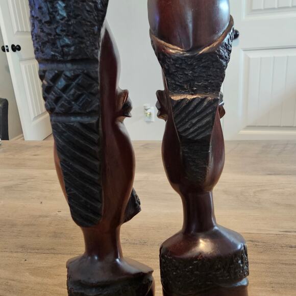 Vintage African Couple Carved Bust Wood Art Statues Handcrafted Tribal 10" - Picture 8 of 16